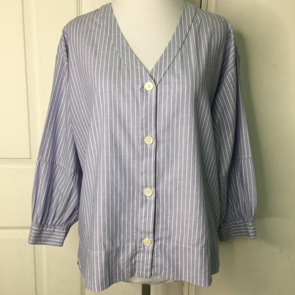 Everlane Women's V Neck 3/4 Sleeve Button Down Striped Blouse Top Shirt 0 Blue - Picture 1 of 12